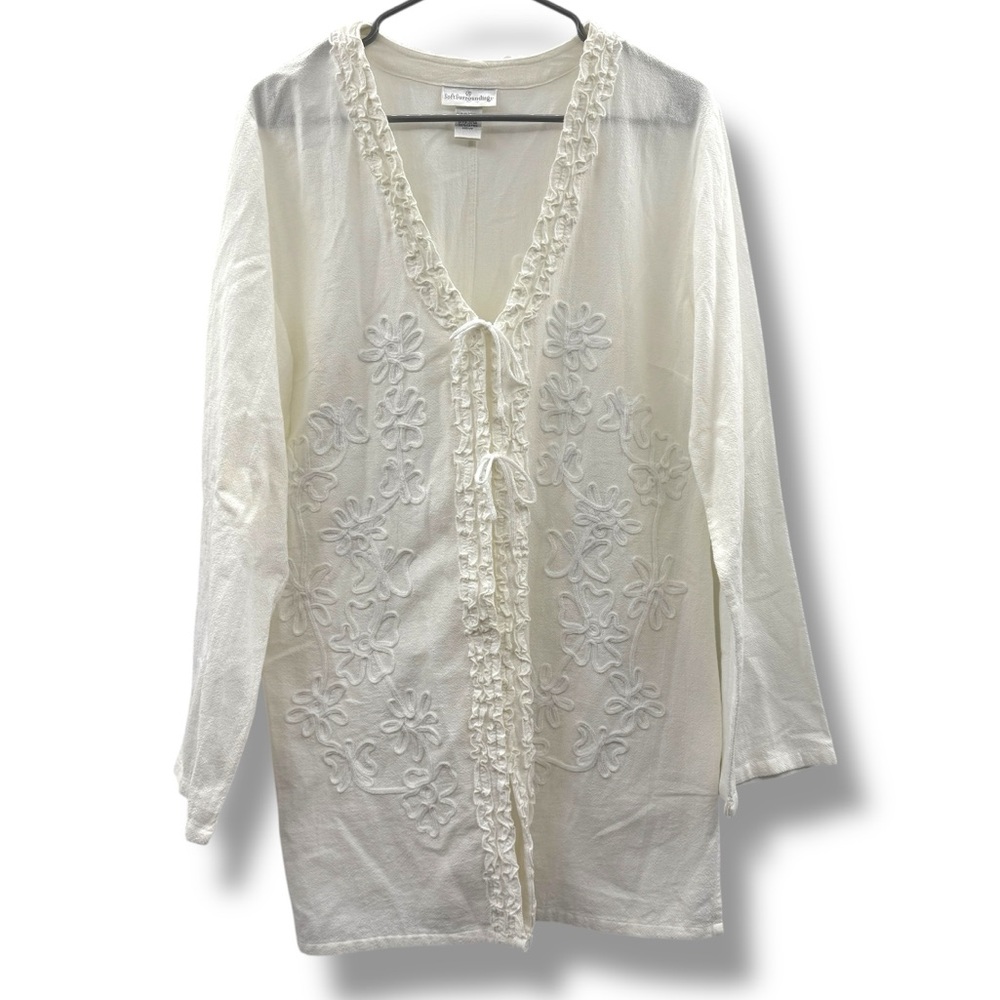 Soft Surroundings‎ White Floral String Embroidery 3/4 Sleeve Tie Snap Top Sz M